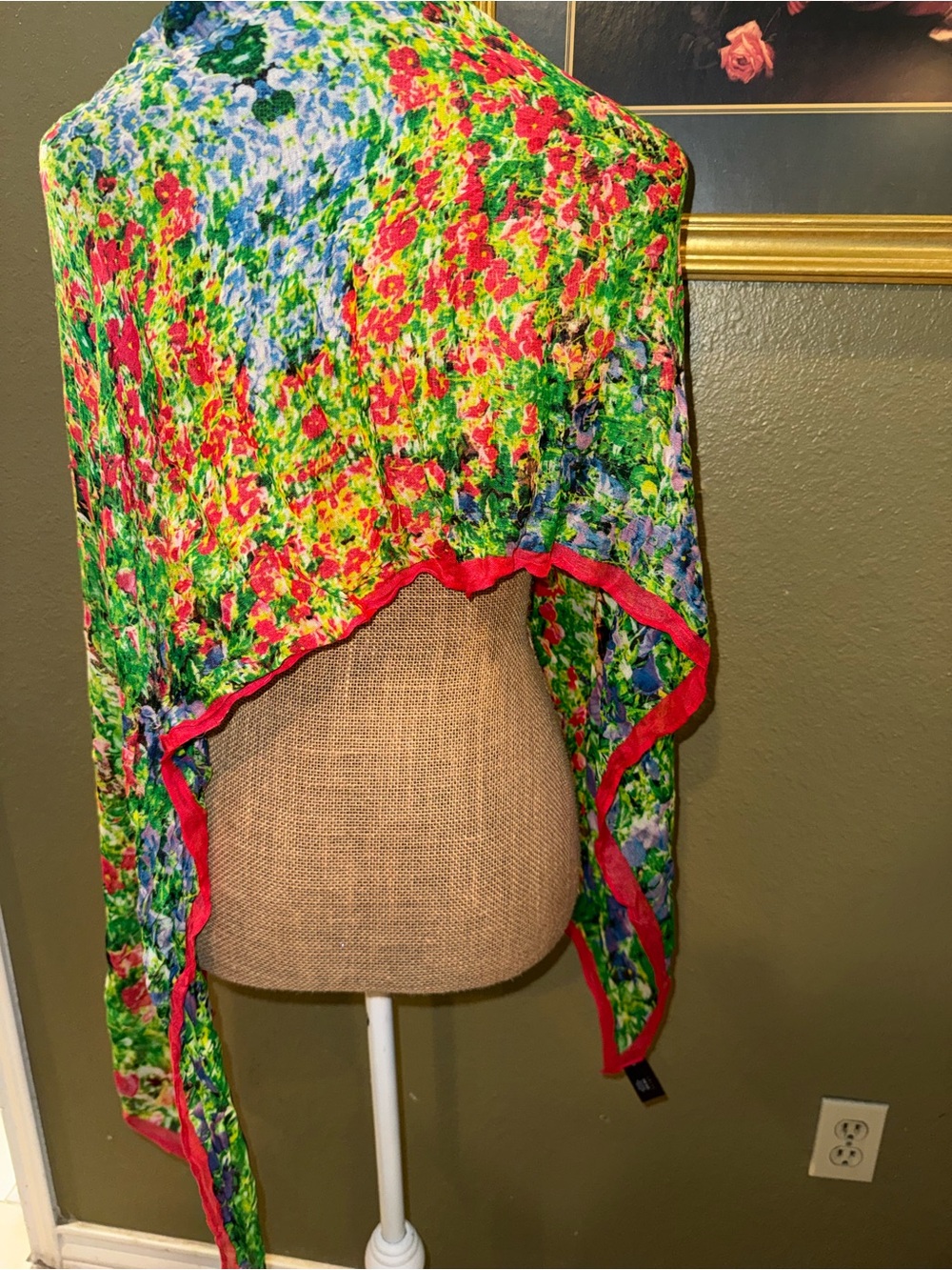 Bright Floral Green Scarf with Red Trim